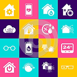 Set Smart glasses, Thermostat, home, House humidity, temperature, Internet of things, settings and Humidity icon. Vector