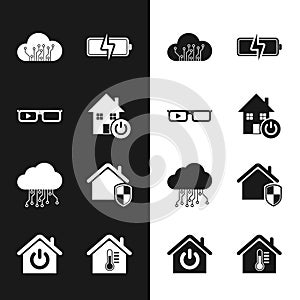 Set Smart home, glasses, Internet of things, Battery, House under protection, temperature and icon. Vector