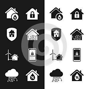 Set Smart home, House under protection, humidity, with wind turbine, Mobile and password, and Internet of things icon