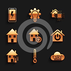 Set Smart home, Humidity, Internet of things, House temperature, and Mobile charging battery icon. Vector