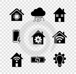 Set Smart home, Internet of things, House, with wi-fi, Battery, Light bulb and gear, Mobile charging battery and