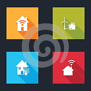 Set Smart home with wi-fi, House wind turbine, temperature and icon. Vector