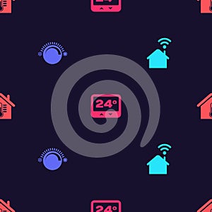 Set Smart home with wi-fi, Thermostat, and House temperature on seamless pattern. Vector