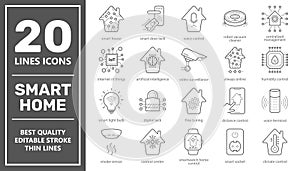 Set of Smart House related vector line icons. Contains such icons as Smart Lock, Robot Vacuum Cleaner, Camera, Light