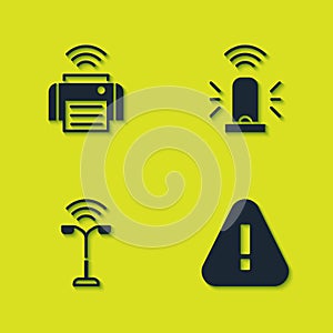 Set Smart printer, Exclamation mark triangle, street light and flasher siren icon. Vector