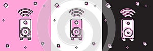 Set Smart stereo speaker system icon isolated on pink and white, black background. Sound system speakers. Internet of