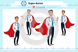 Set of smart super doctor presenting in various action, isolated on white background. Different gestures. Flat cartoon style.