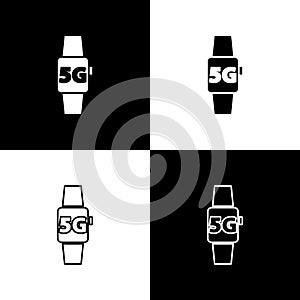 Set Smart watch 5G new wireless internet wifi icon isolated on black and white background. Global network high speed