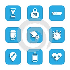 Set Smart watch on hand, Punching bag, Heart rate, Stopwatch, Location gym, Boxing glove, Vitamin pill and Old hourglass