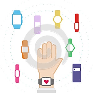 Set: smart watch icons. Hand wearing a smart watch. Vector illustration, flat design