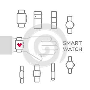Set: smart watch icons. Hand wearing a smart watch. Vector illustration, flat design