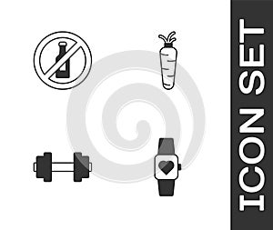 Set Smart watch, No alcohol, Dumbbell and Carrot icon. Vector
