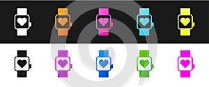 Set Smart watch showing heart beat rate icon isolated on black and white background. Fitness App concept. Vector