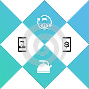 Set Smartphone with contact, Kettle handle, Human resources and dollar icon. Vector