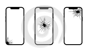 Set of smartphone with a crack on the display. Black set of mobile phone icons. Flat design