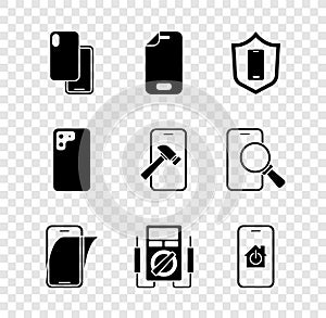 Set Smartphone, Glass screen protector, Mobile with shield, Multimeter, smart home, and broken icon. Vector