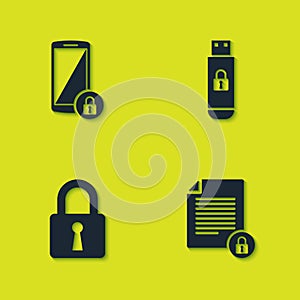 Set Smartphone with lock, Document and, Lock and USB flash drive icon. Vector