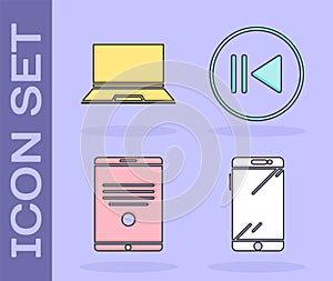 Set Smartphone, mobile phone, Laptop, Tablet and Rewind icon. Vector