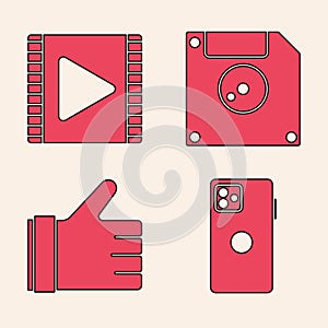 Set Smartphone, mobile phone, Play Video, Floppy disk for computer data storage and Hand like icon. Vector