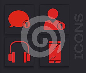 Set Smartphone, mobile phone, Speech bubble chat, Add to friend and Headphones icon. Vector