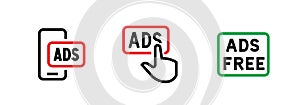 Set of smartphone, prohibition button blocking ads and ads free icons. Editable line vector.
