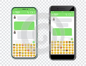 Set of smartphones with blank chat messenger and emoticons. Template with message bubbles in smartphone with emoji