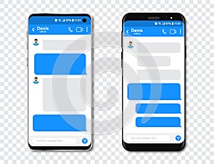 Set of smartphones with blank chat messenger. Template with message bubbles in smartphone