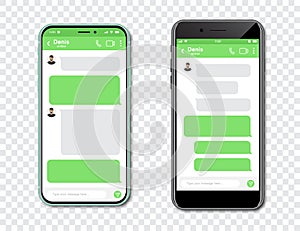 Set of smartphones with blank chat messenger. Template with message bubbles in smartphone