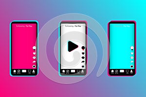 Set of smartphones in popular social media colors. Mobile app screen template. Set of icons for social networking and blogging