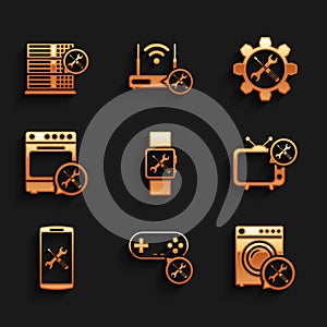 Set Smartwatch service, Gamepad, Washer, Tv, Smartphone, Oven, Wrench and screwdriver in gear and Database server icon