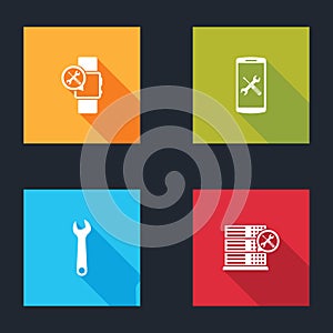 Set Smartwatch service, Smartphone, Wrench and Database server icon. Vector