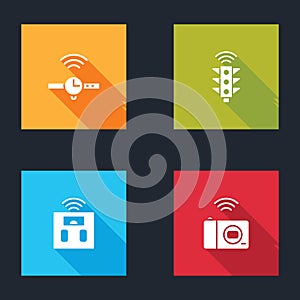 Set Smartwatch, traffic light, bathroom scales and photo camera icon. Vector
