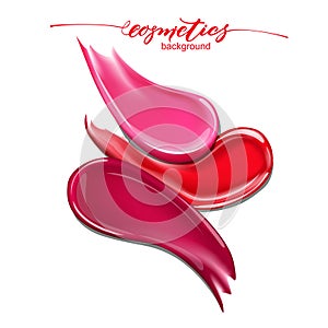 A set of smears of red,pink, maroon lipstick.Beauty and cosmetics background. Use for advertising flyer, banner, leaflet. Template