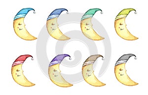 Set of Smile face crescent in different colored nightcap.