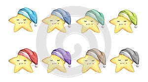 Set of Smile face star in different colored nightcap.