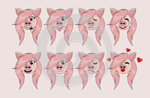 A set of smiley emoticons. Merry pink pig. illustration