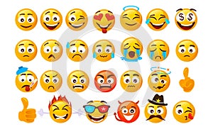 Set of smiley emoticons. Vector faces with different emotions isolated on white background. Vector smileys face