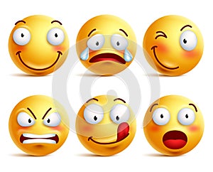Set of smiley face icons or yellow emoticons with different facial expressions