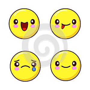Set of smiley face icons or yellow emoticons with different facial expressions i isolated in white background. Flat