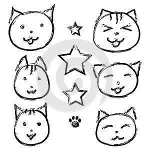 Set of smiling cats on white background.