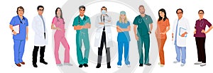 Set of smiling doctors, nurses, paramedics. Vector illustrations isolated.