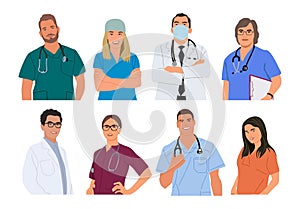 Set of smiling doctors, nurses vector illustration