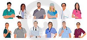 Set of smiling doctors, nurses vector illustration