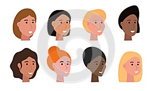 Set of smiling faces of woman of various ethnicity and with different skin tone and haircuts