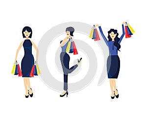 Set of smiling fashion women goes shopping with many packages on white background