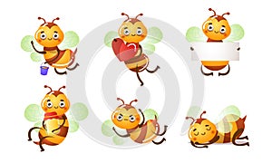 Set of smiling funny cute bees in different situations. Vector illustration in flat cartoon style.