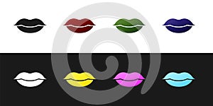 Set Smiling lips icon isolated on black and white background. Smile symbol. Vector