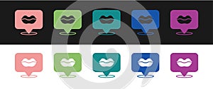 Set Smiling lips icon isolated on black and white background. Smile symbol. Vector