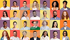Set Of Smiling Mixed People Faces Posing Over Colorful Backgrounds
