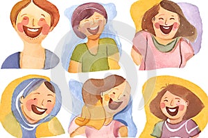 Set of smiling people with different facial expressions. Watercolor illustration. Generative AI